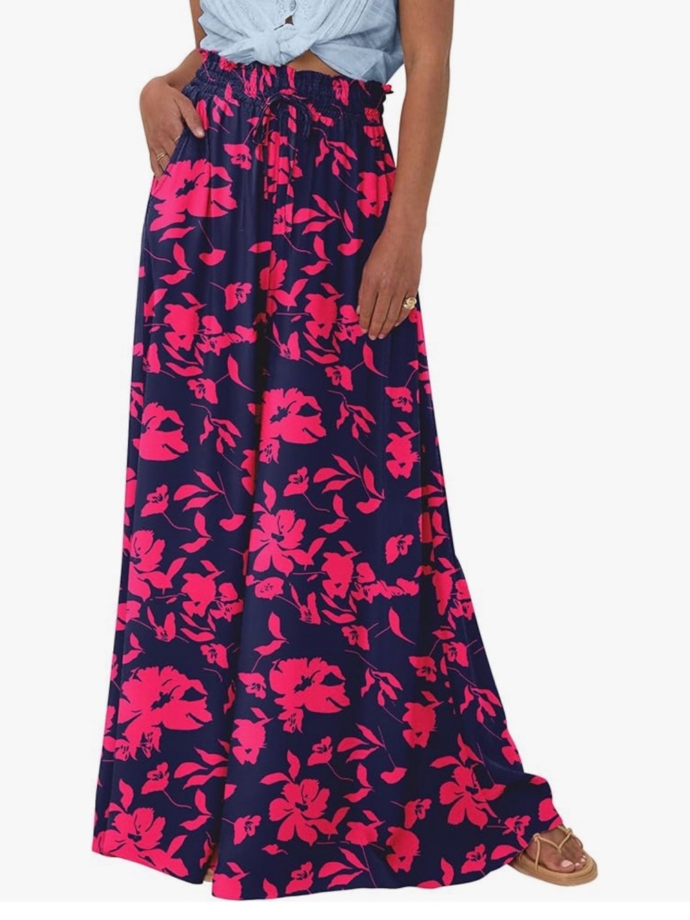 Navy Pink Tropical Floral Wide Leg Palazzo Pants Beach Pull On Flowy Women